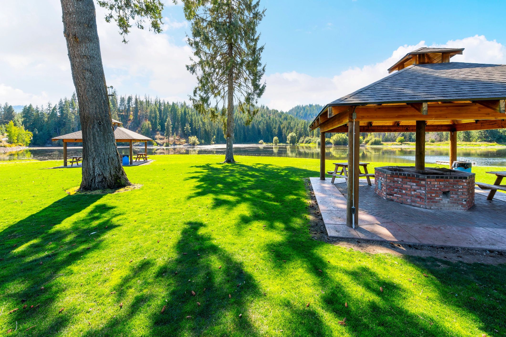 Outdoor living area with pergola and gathering space